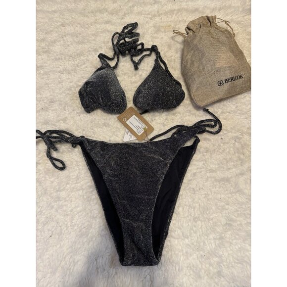 Berlook Black Shimmer Two Piece Swimsuit String Bikini Size XL NEW W Bag - Picture 10 of 13